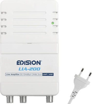 EDISION LIA-200 Amplificador Interior de Vivienda UHF/VHF, 12-24db Ajustable, 104dBmV, para Digitale Terrestre DVB-T/T2, con Filtro 5G LTE, 1 Entrada, 2 Salidas